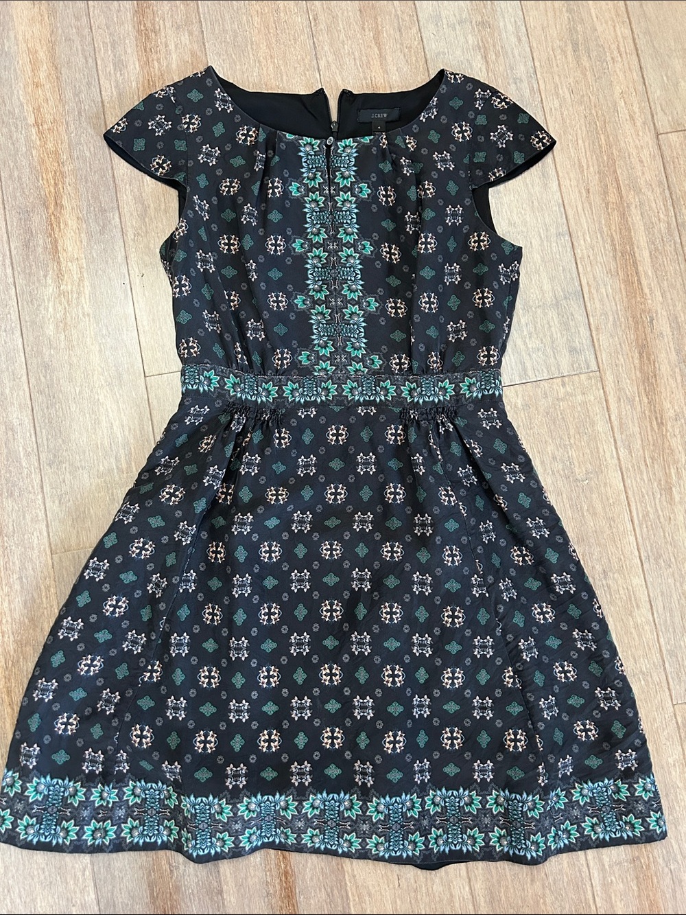 J. Crew Silk Dark Navy Dress with Teal and Cream Border Print size 4